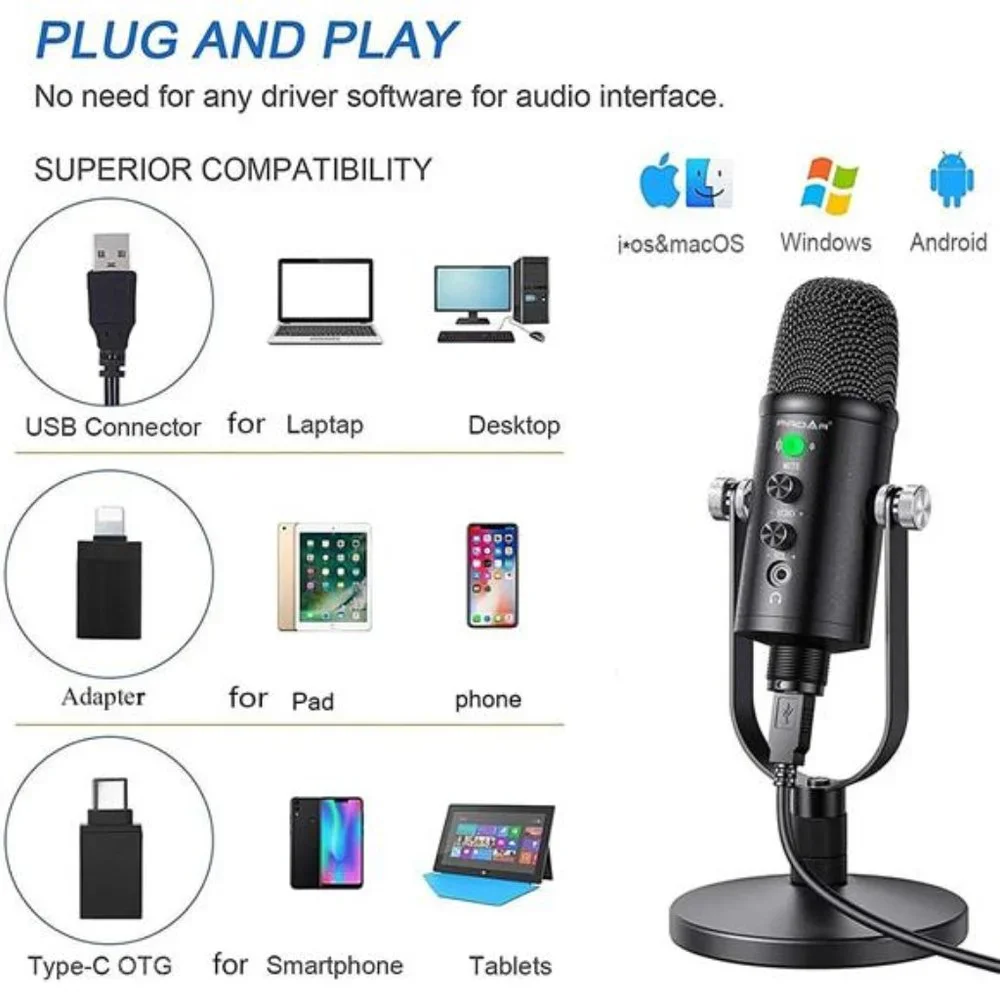 Microphone for Podcast, USB Microphone Kit for Phone, PC/Micro/Mac/Android